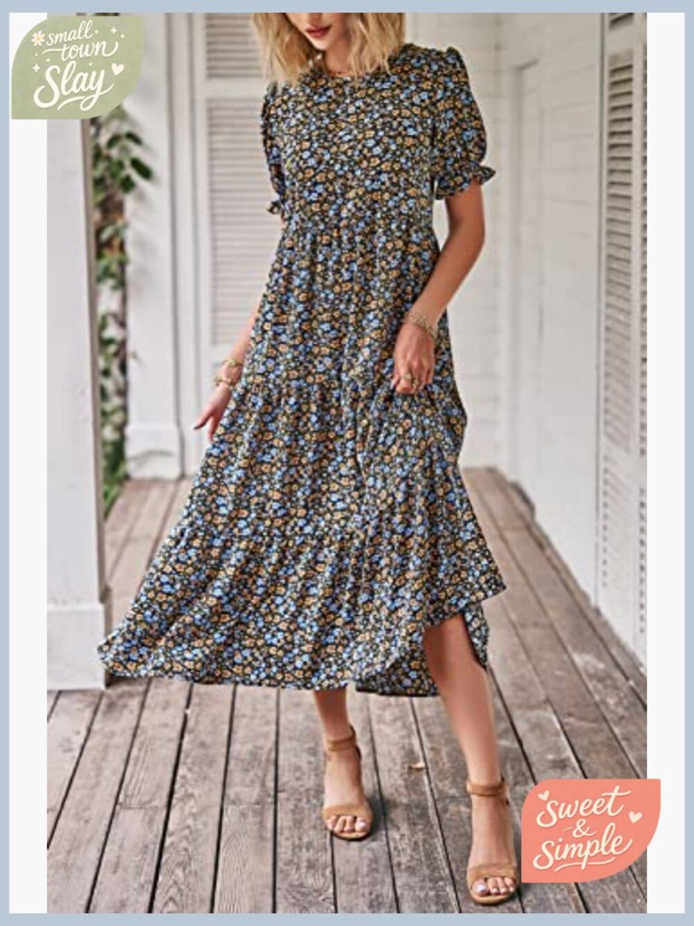 Summer Floral Midi Sun Dress Puff Short Sleeve Flowy Beach Vacation - Picture 5 of 7